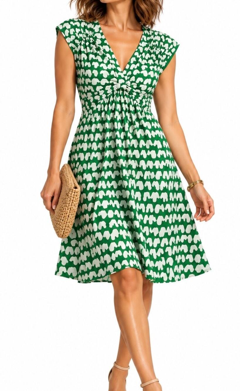 Laundry by Shelli Segal Green Printed Empire Waist V-Neck Dress Size 8